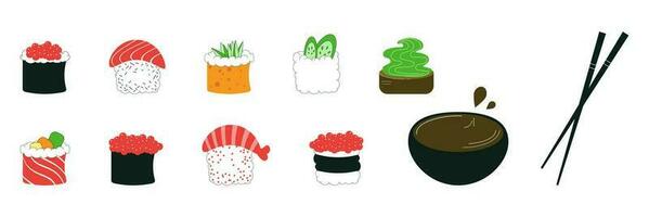 Sushi Satz. Vektor Illustration. Minimalismus. Linie Kunst. japanisch traditionell Küche.