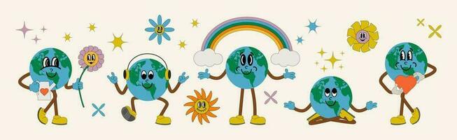 speichern das Planet Zeichen im modisch retro Karikatur Stil. einstellen von Maskottchen zum Erde Tag. Welt Erde Tag. komisch Vektor Illustration von Planet Erde, Erde Meditation, Herz, Bewässerung Blumen, Regenbogen.