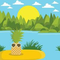 ein Ananas steht im das Sand durch das Fluss im Sommer- komisch Vektor Illustration