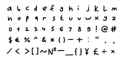 kritzeln schwarz Englisch Latein ABC Alphabet Schriftart mit Ziffern und Symbole Hand gezeichnet ein zu z, 0 zu 9 Sammlung. Vektor Illustration im Gekritzel Stil isoliert auf Weiß Hintergrund. zum Typografie, Lernen.