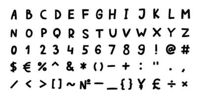 oregelbunden former svart engelsk latin ABC alfabet font med siffror och symboler handskriven en till z, 0 till 9 samling. vektor illustration i klotter stil isolerat på vit bakgrund. för design.