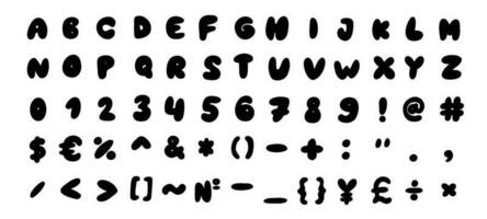 oregelbunden former svart engelsk latin ABC alfabet font med siffror och symboler hand dragen en till z, 0 till 9 uppsättning. vektor illustration i klotter stil isolerat på vit bakgrund. för inlärning, design.