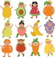 uppsättning samling söt tecknad serie barn frukt kostym illustration vektor