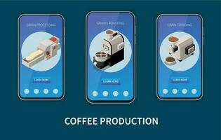 Kaffee Produktion isometrisch Handy, Mobiltelefon App vektor