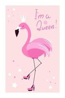 rosa flamingo i en krona som står på ett ben söt baby affisch för en flicka im en drottning text vektorillustration i platt stil vektor