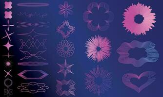 modisch surreal geometrisch psychedelisch Elemente im y2k Stil mit Sterne, Blumen Form, einfach Formen Formen, gebogen Linien, minimalistisch Basic form, Memphis geometrisch Elemente im Neon- violett Gradient Farbe vektor