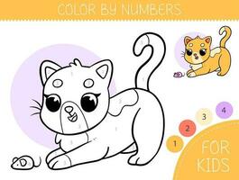Farbe durch Zahlen Färbung Seite zum Kinder mit süß Katze. Färbung Buch mit Karikatur Katze mit ein Beispiel zum Färbung. einfarbig und Farbe Versionen. Vektor Illustration