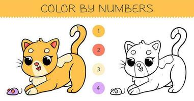 Farbe durch Zahlen Färbung Buch zum Kinder mit süß Katze. Färbung Seite mit Karikatur Katze mit ein Beispiel zum Färbung. einfarbig und Farbe Versionen. Vektor Illustration