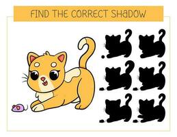 finden das richtig Schatten Spiel mit Katze. lehrreich Spiel zum Kinder. süß Karikatur Katze. Schatten passend Spiel. Vektor Illustration.