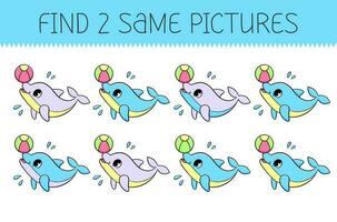 finden zwei gleich Bilder ist ein lehrreich Spiel zum Kinder mit süß Delfin mit Ball. süß Karikatur Delfin. Vektor Illustration.
