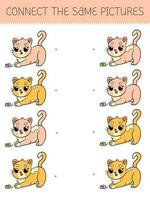 verbinden das gleich Bilder Spiel mit Karikatur Katze. Kinder- Spiel mit süß Katze. Vektor Illustration