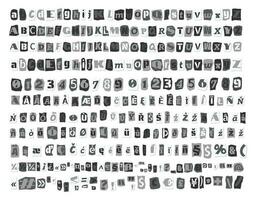 grå lösen collage stil brev, tal skära från tidningar och tidningar. årgång ABC samling. svart och vit punk- typsnitt utökad latin alfabet typografi vektor illustration