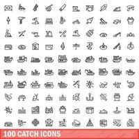 100 fånga ikoner uppsättning, översikt stil vektor