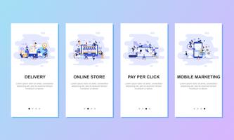 Onboarding-Bildschirme Benutzeroberfläche Kit für Mobile App Vorlagen Konzept. Moderne Benutzeroberfläche UX, UI-Bildschirm Vorlage für mobile Smartphone oder responsive Website. Vektor-Illustration flaches Design. vektor