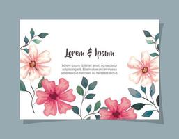 gratulationskort med blommor lila och rosa färg bröllopsinbjudan med blommor lila och rosa färg med grenar och blad dekoration vektor