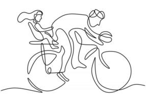 Kontinuierliche Einzellinienzeichnung junger Vater und seine Tochter, die Fahrrad im öffentlichen Park fahren, handgezeichnete Strichzeichnungen minimalistisches Design vektor