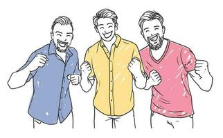 tre manlig bäst vänner är skrattande och njuter tillsammans ritad för hand vektor illustration
