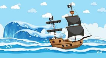 Ozean mit Piratenschiff bei Tageszeitszene im Karikaturstil vektor