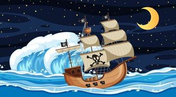 Ozeanszene bei Nacht mit Piratenschiff im Karikaturstil vektor