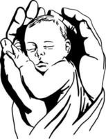 Zeichnung von ein Vater Hände Wiegen ein Neugeborene Baby vektor