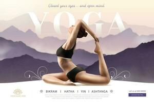 kvinna praktiserande yoga på bokeh lila berg i 3d illustration, yoga kurs annonser vektor