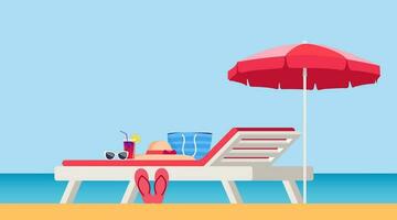 Strand Regenschirm und Sonne Liege. Sonnenbank mit Sonnenschirm beim Sand Strand. Sommer- tropisch Resort mit Privat Chaiselongues beim Küste. Sonne Bett und Strand Elemente. Vektor Illustration.