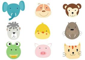 uppsättning av djur- huvuden samling.karaktärer porträtt söt djur- ansikten på vit background.portraits, emoji rolig djur, logotyp, klistermärke, kawaii, vektor rolig tecknad serie och djur- huvuden begrepp.