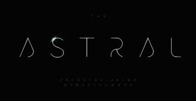 astral Plats alfabet, innovativ progressiv sans serif brev, elegant trogen font för sci-fi och hi-tech modern logotyp, titel, rubrik. samtida typografi, tunn elegant typografisk design vektor