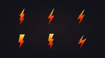 blixt- ikon uppsättning. tecknad serie orange blixt, bult logotyp mall, energi elektricitet symbol samling. enkel platt design, vektor illustration