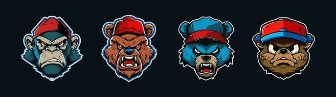 Karikatur Tier Kopf, rot und Blau Sport Logo Sammlung mit Weiß skizziert. wütend Gesicht von Gorilla, Grizzly, Bär und Biber Figuren. Sport Mannschaft Maskottchen Satz. Vektor Illustration