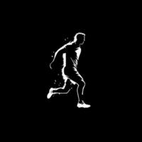 minimalistisk logotyp mall, vit ikon av fotboll spelare silhuett på svart bakgrund, modern logotyp begrepp för företag identitet, t-tröjor skriva ut, tatuering. vektor illustration