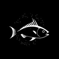 minimalistisk logotyp mall, vit ikon av fisk silhuett på svart bakgrund, modern logotyp begrepp för företag identitet, t-tröjor skriva ut, tatuering. vektor illustration