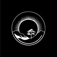 minimalistisch Landschaft runden Logo, Prärie Landschaft Silhouette Weiß Symbol auf schwarz Hintergrund, Landschaft einfarbig Logo Konzept, Landschaft skizzieren, Tätowierung. Vektor Illustration