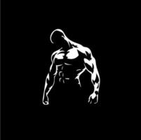 kroppsbyggare manlig figur ikon, Gym logotyp mall, atletisk man tecken vit silhuett på svart bakgrund. vektor illustration