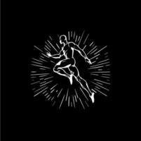 Weiß Symbol von Läufer oder Jumper Silhouette auf schwarz Hintergrund, Sport Logo Vorlage, Joggen oder Springen modern Logo Konzept, T-Shirts drucken, Tätowierung, Infografik. Vektor Illustration