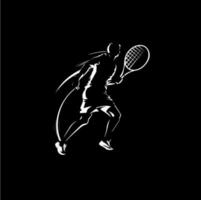 stor tennis spelare med racket Träning, vit linjär silhuett skiss, sport spel logotyp mall, hand teckning tatuering på svart bakgrund. vektor illustration.