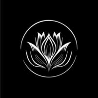 minimalistisch Seerose Logo Vorlage, Weiß Symbol von Lotus Blütenblätter Blume Silhouette auf schwarz Hintergrund, Yoga Logo Konzept, kosmetisch Emblem, Tätowierung. Vektor Illustration