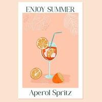 aperol spritz cocktail. glas med dryck, is och orange skivor. affisch kvickhet sommar italiensk aperitif. vektor illustration med alkoholhaltig dryck dekorerad med tropisk växter på bakgrund.