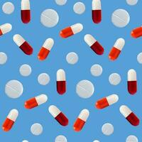 Weiß Tabletten und rot und weiß Tabletten auf ein Blau Hintergrund. nahtlos Muster. das Konzept von Behandlung und Erholung. ein Gesundheit Design Element zum Apps, Websites und Sozial Netzwerke. medizinisch Pillen. vektor