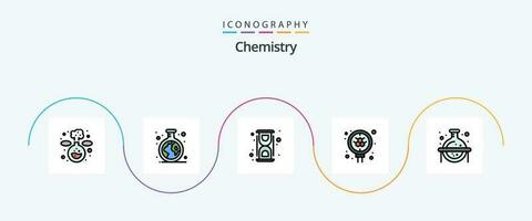 kemi linje fylld platt 5 ikon packa Inklusive flaska. Sök. labb. vetenskap. atom vektor