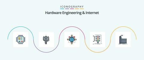 Hardware- Ingenieurwesen und Internet Linie gefüllt eben 5 Symbol Pack einschließlich Überwachung. Stadt. Produktion. treffen. Logik vektor