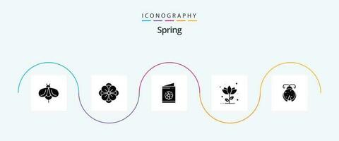 vår glyf 5 ikon packa Inklusive skalbagge. natur. företag kort. blomma. flora vektor
