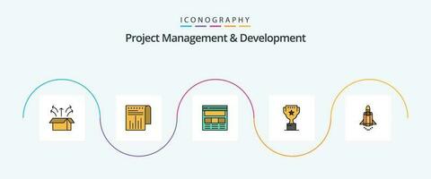 Projekt Verwaltung und Entwicklung Linie gefüllt eben 5 Symbol Pack einschließlich belohnen. oben. Bericht. vergeben. Netz vektor
