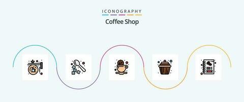 kaffe affär linje fylld platt 5 ikon packa Inklusive företag. kopp. sked. kaka. dryck vektor