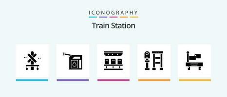 tåg station glyf 5 ikon packa Inklusive tåg. sluta. säten. station. bänk. kreativ ikoner design vektor