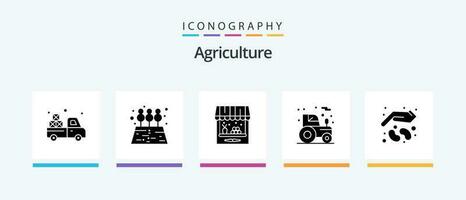 lantbruk glyf 5 ikon packa Inklusive trädgård. lantbruk. ladugård. traktor. agrimotor. kreativ ikoner design vektor