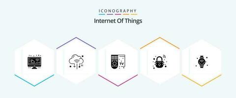 internet av saker 25 glyf ikon packa Inklusive smart Kolla på. smart. moln. låsa. TV vektor
