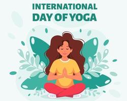 kvinna som mediterar i lotus utgör internationell yogadag vektor