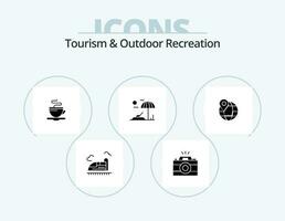 turism och utomhus- rekreation glyf ikon packa 5 ikon design. klot. plats. te. semester. strand vektor