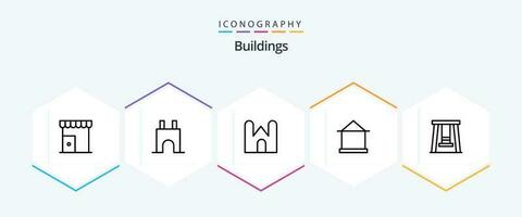 byggnader 25 linje ikon packa Inklusive gunga. ungar. fästning. hydda. hus vektor
